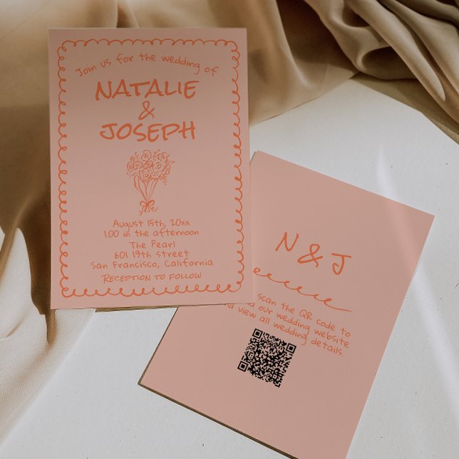 Invitation Retro Coral Hand Drawn QR Code Quirky Wedding (Créateur téléchargé)