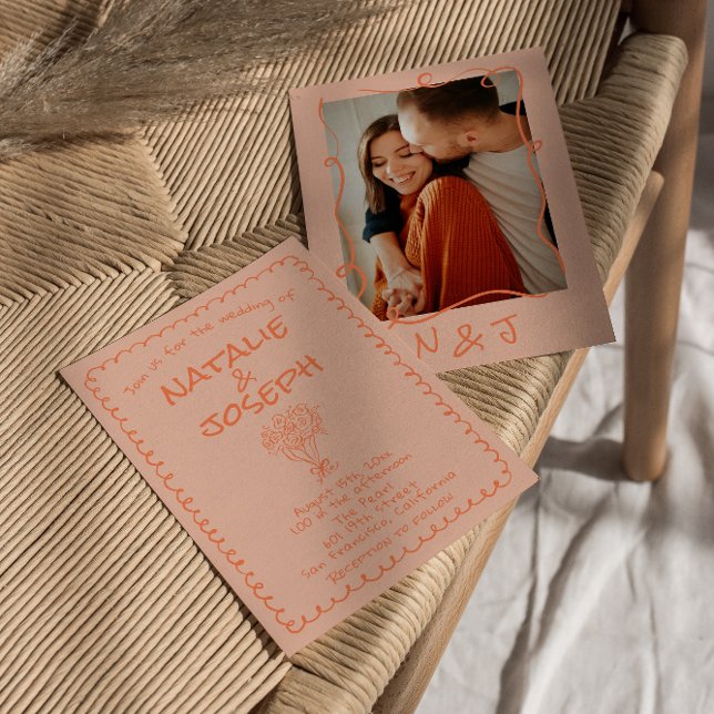 Invitation Retro Coral Main Écrit Quirky Photo Mariage (Créateur téléchargé)