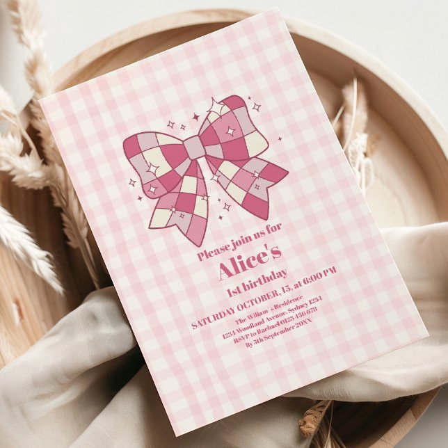 Invitation Retro Cute Pink Bow Coquette 1er anniversaire (Créateur téléchargé)