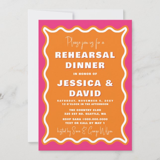 Invitation Retro Cute Wavy Pink Orange Photo Dîner de répétit (Devant)