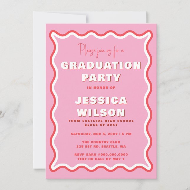 Invitation Retro Cute Wavy Pink Red Photo Graduation (Devant)