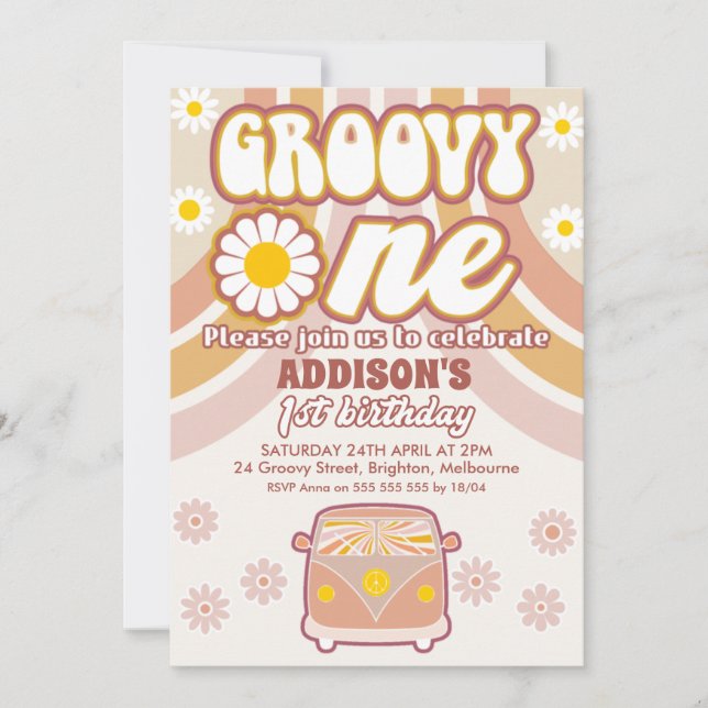 Invitation Retro Daisies Combi Super un 1er anniversaire (Devant)