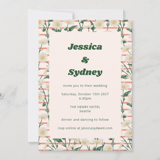 Invitation Retro Daisies Floral Garden Green Mariage unique (Devant)