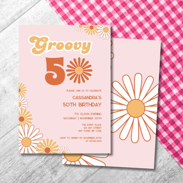 Invitation Retro Daisy Boho Orange Pink 50th Birthday (Créateur téléchargé)