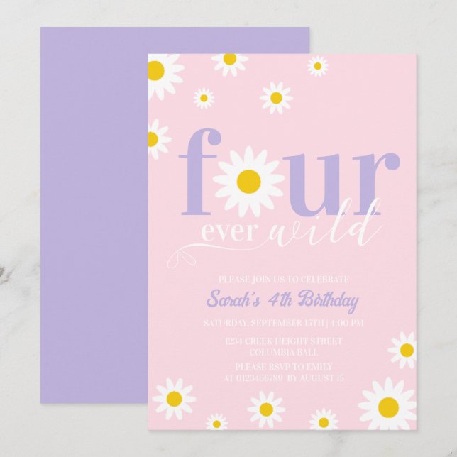 Invitation Retro Daisy Purple Pink Super 4e anniversaire (Devant / Derrière)