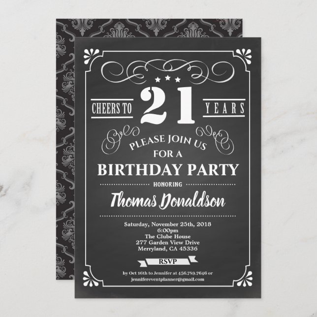 invitation rétro de 21 ans. Tableau de bord vintag (Devant / Derrière)