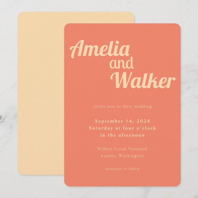 Invitation Retro Delight Peach et Apricot Mariage (Devant / Derrière)