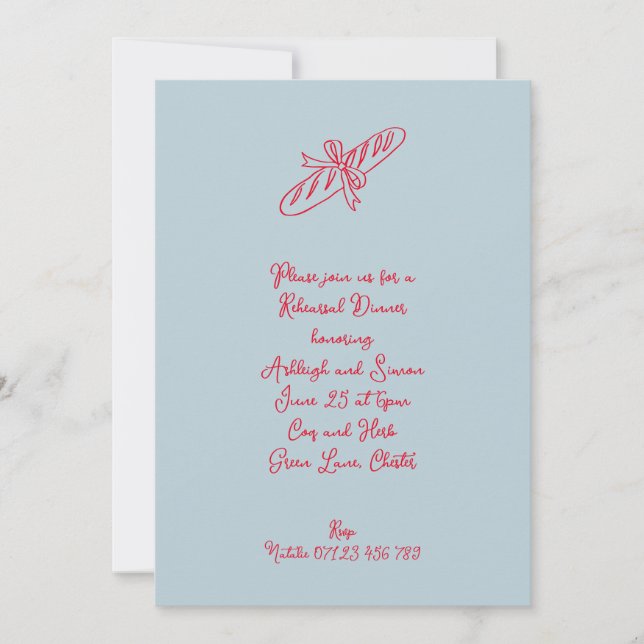 Invitation Retro Dîner de répétition Baguette Bleue & Rouge (Devant)