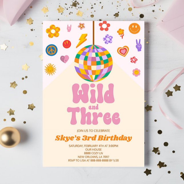 Invitation Retro Disco Ball Wild et la fête du troisième anni (Créateur téléchargé)