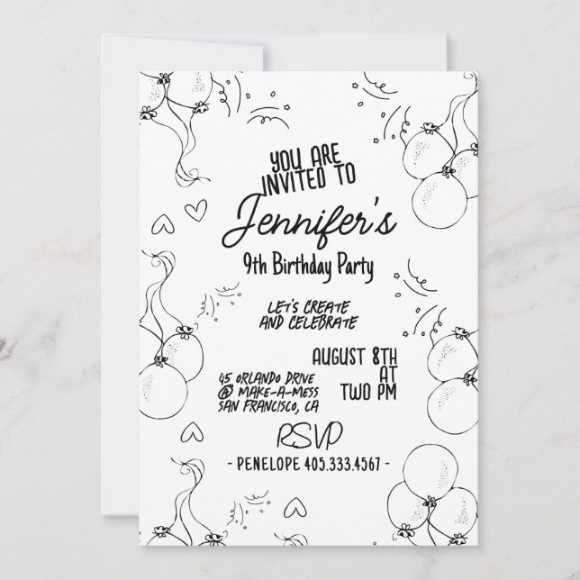 Invitation Retro Doodle Moderne Coeurs & Ballons Anniversaire (Devant)