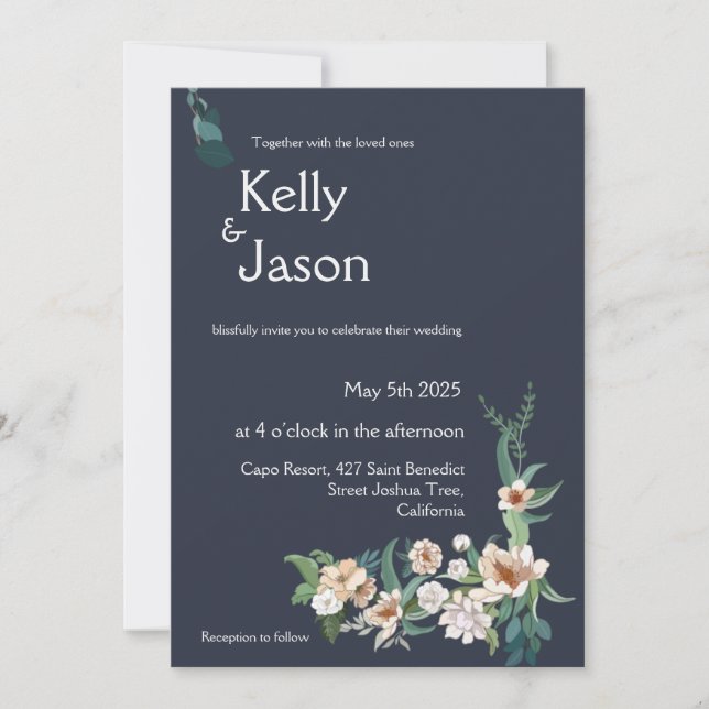 Invitation Retro Elegant blanc Flower Frame Marine Arrière -  (Devant)