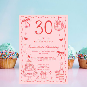 Invitation Rétro Fantaisiste Excentrique Rouge Rose 30e Anniv