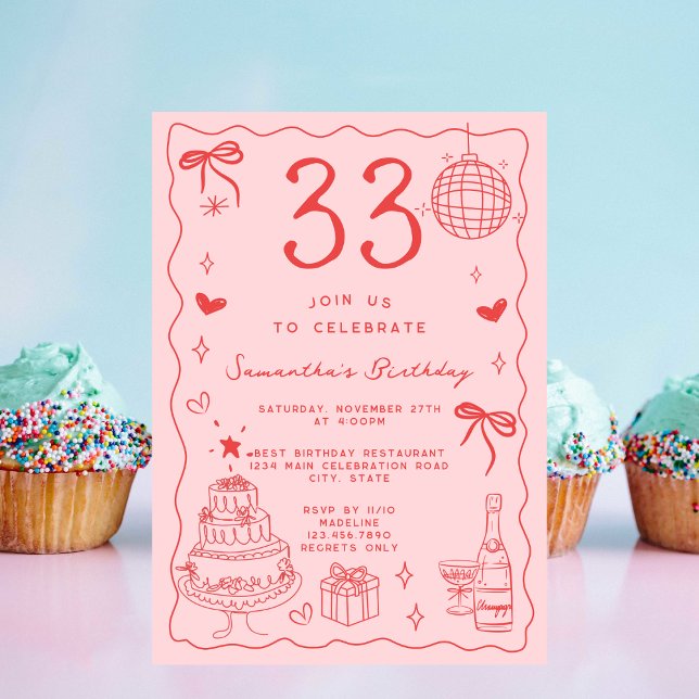 Invitation Rétro Fantaisiste Excentrique Rouge Rose 33e Anniv (Créateur téléchargé)