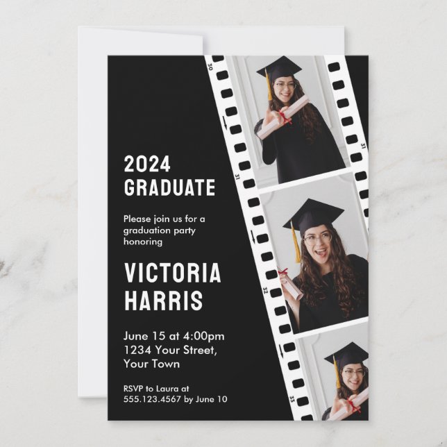 Invitation Retro Film Strip Custom 3 Photos Cool Graduation (Devant)