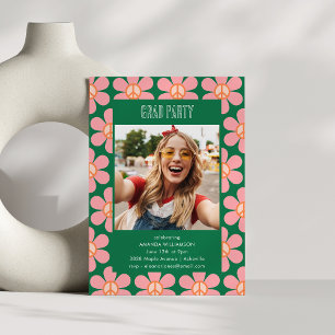 Invitation Retro Fleur Paix Rose Vert Grad Party Photo