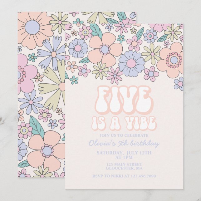 Invitation Retro Floral Five est un Vibe 5e anniversaire (Devant / Derrière)