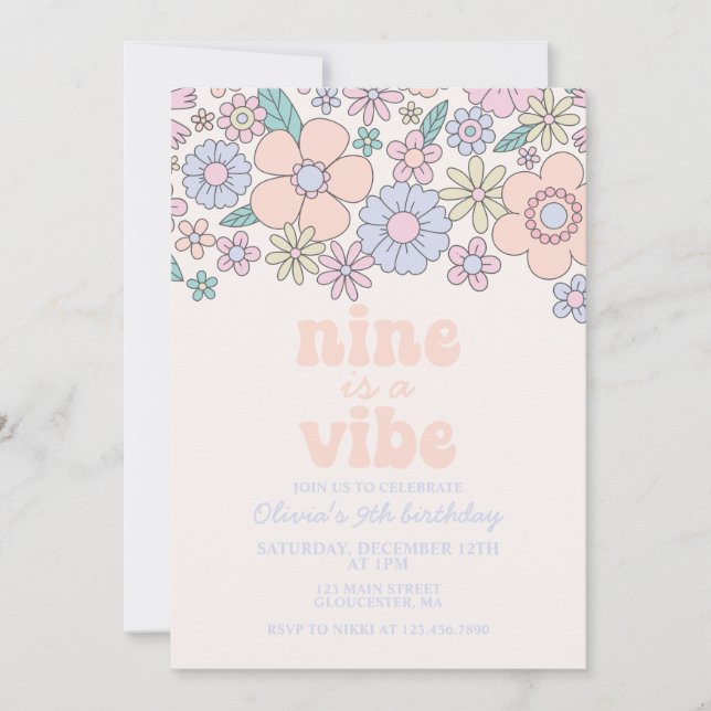 Invitation Retro Floral Nine est un Vibe 9e anniversaire (Devant)