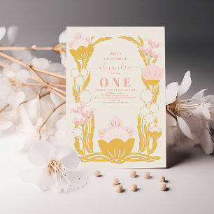 Invitation Retro Floral Rose Gold 1er anniversaire