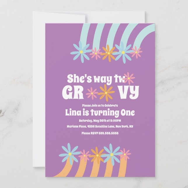 Invitation Retro Florals Way Deux Anniversaire Super (Devant)