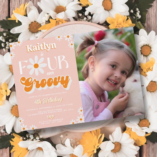 Invitation Retro Four Ever Super Girls 4th Birthday Photo (Créateur téléchargé)