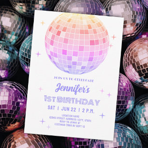 Invitation Retro Funky 90s Boule à Facettes Rose Fête d'Anniv