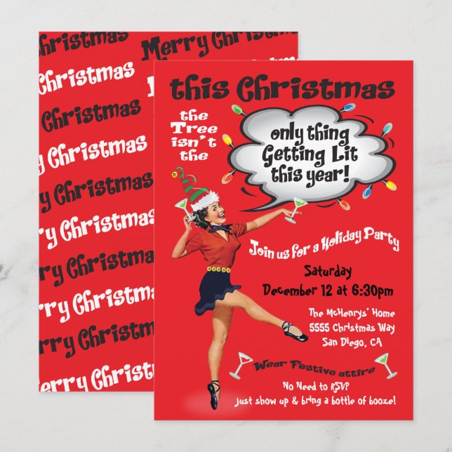 Invitation Retro Funny Obtenir Lit Noël Cocktail Fête (Devant / Derrière)