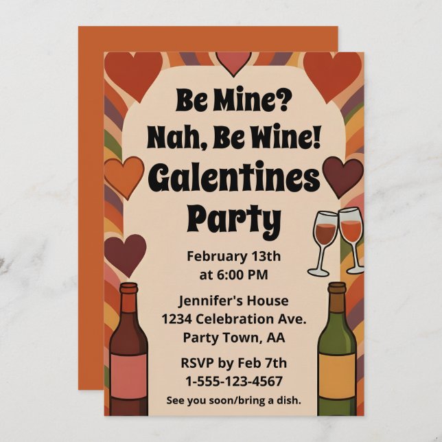 Invitation Retro Galentine Be Wine Funny Party Personalized (Devant / Derrière)