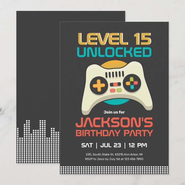 Invitation Retro Gamer Niveau Garçon Déverrouillé Jeu vidéo A (Devant / Derrière)