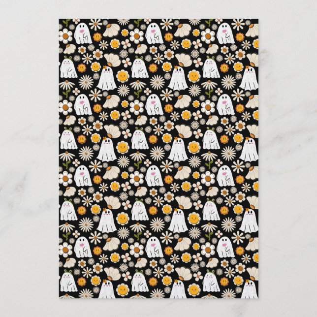 Invitation Retro Ghost Flowers Halloween Seamless Pattern (Devant)