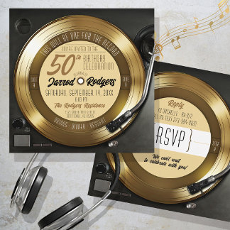 Invitation Retro Gold Black Vinyl Record Player 50th Birthday