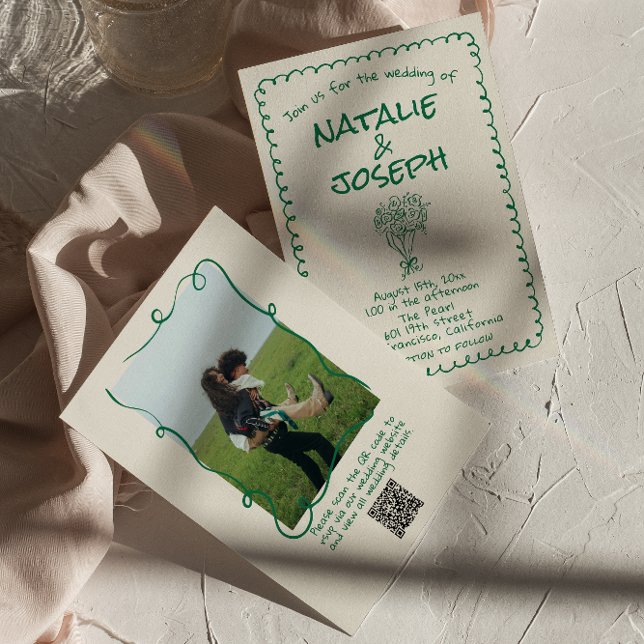 Invitation Retro Green Draal Photo Floral QR Code Mariage (Créateur téléchargé)