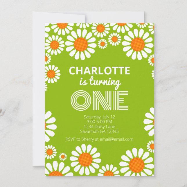 Invitation Retro Green et Orange Daisy Premier anniversaire (Devant)