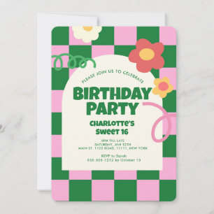 Invitation Retro Green Pink Checker Sweet 16 fête d'anniversa