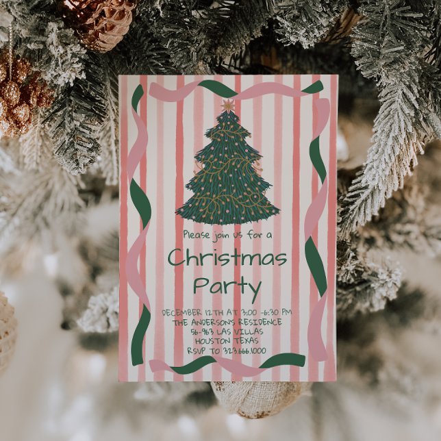Invitation Retro Green Pink main tiré Fête de l'arbre de Noël (Créateur téléchargé)