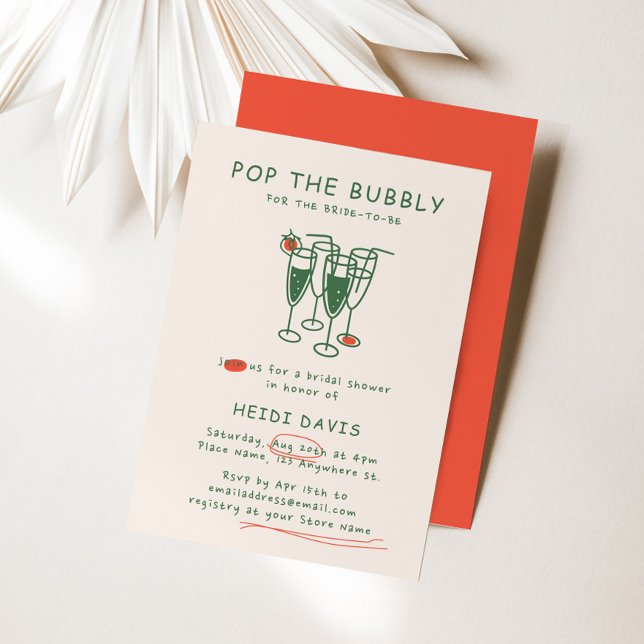 Invitation Retro Green & Red Pop The Bubly Fête des mariées (Retro Green & Red Pop The Bubbly Bridal Shower Invitation)