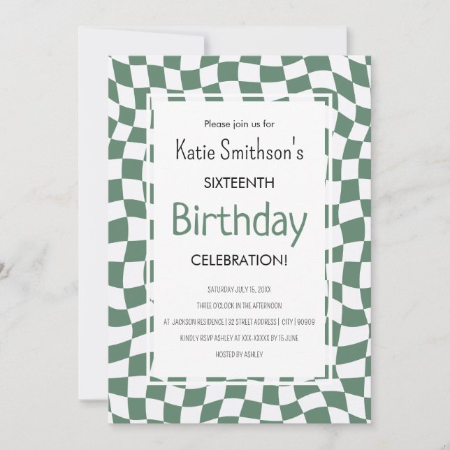Invitation Retro Green Wavy Check Anniversaire (Devant)