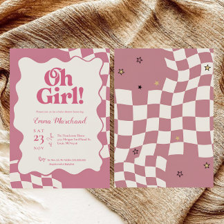 Invitation Retro Groovy Pink Checkered Oh Girl Baby Shower
