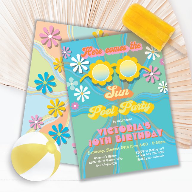 Invitation Retro Hippie 70's 60's Daisy Pool fête Anniversair (Créateur téléchargé)