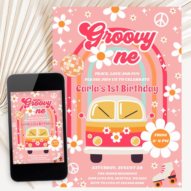 Invitation Retro Hippie Daisy Rainbow Groovy One 1st Birthday (Créateur téléchargé)