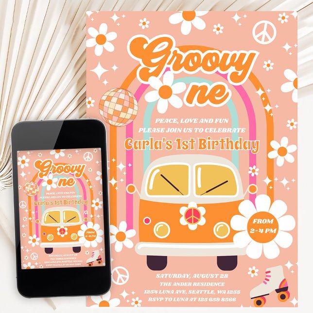 Invitation Retro Hippie Daisy Rainbow Groovy One 1st Birthday (Créateur téléchargé)