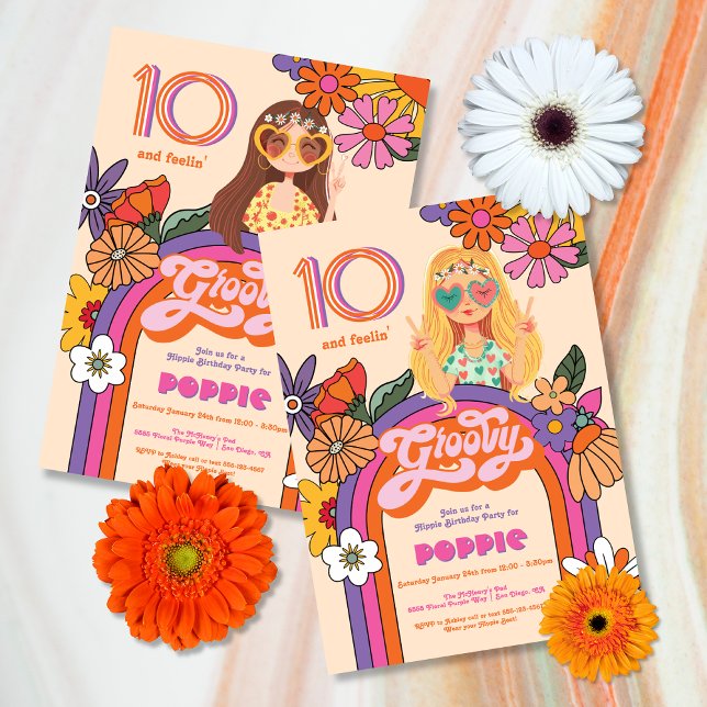 Invitation Retro Hippie Girl 70's 60's fête d'anniversaire Su (Créateur téléchargé)