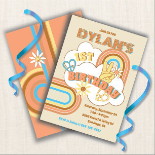 Invitation Retro Hippie Rainbow Boy fête d'anniversaire