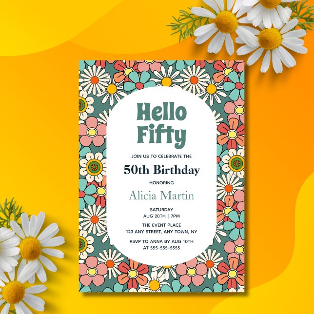 Invitation Retro Hippie Super Fleur Bonjour Cinquante Anniver (Créateur téléchargé)