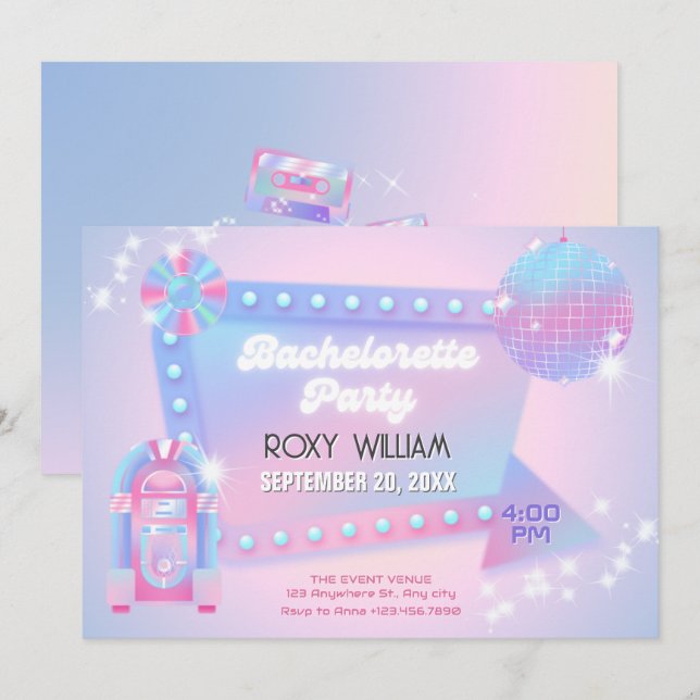 Invitation Retro holo disco bacheloro fête (Devant / Derrière)