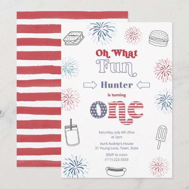 Invitation Retro Juillet 4 Feu d'artifice 1er fête d'annivers (Devant / Derrière)