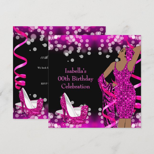 Invitation Retro Lady Parties scintillant rose chaud talons h (Devant / Derrière)