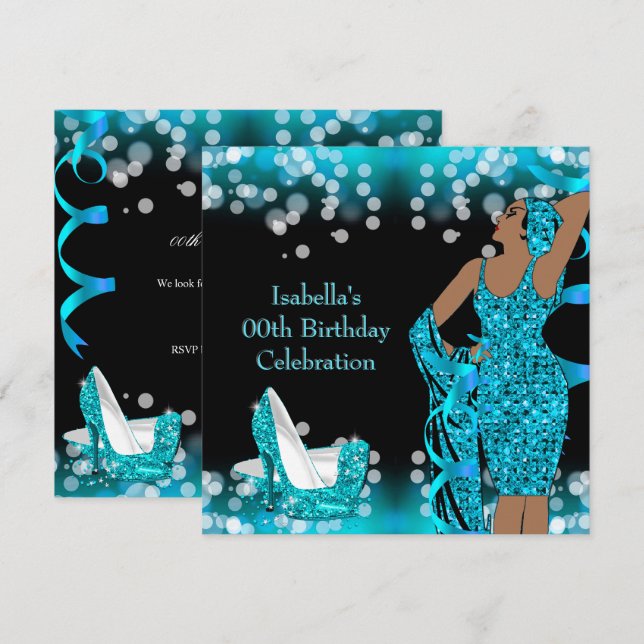 Invitation Retro Lady Parties scintillant Turquoise hauts tal (Devant / Derrière)