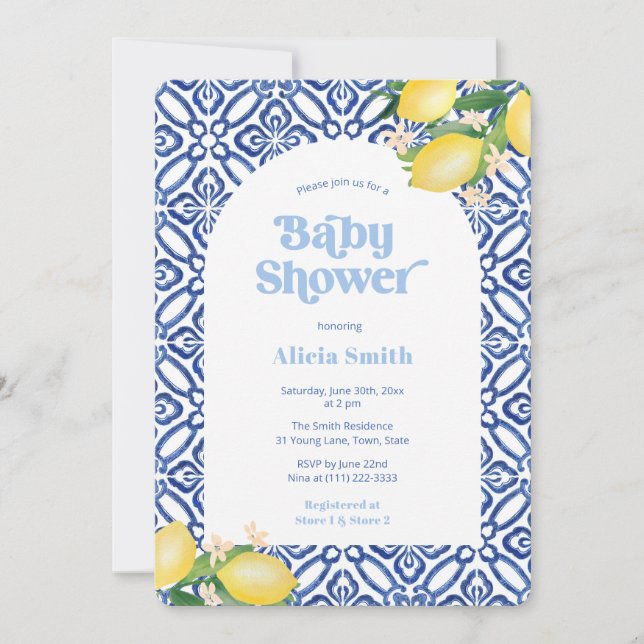 Invitation Retro Lemons Blue Carreaux Boy Baby shower Party (Devant)