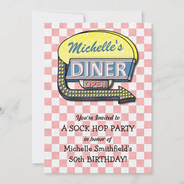 Invitation Retro les années 50 Diner Sock Hop Anniversaire Th (Devant)
