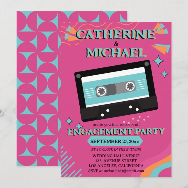 Invitation Retro les années 70 Musique Cassette Super Fuchsia (Devant / Derrière)